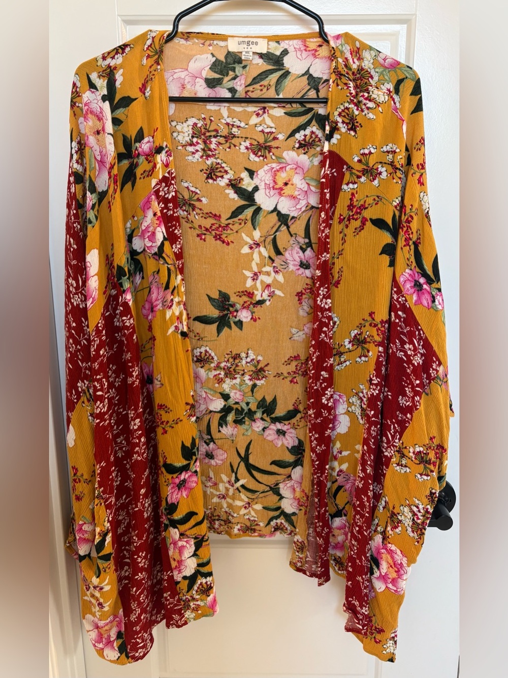 Women’s Umgee Floral Open-Front Kimono - Mustard & Burgundy